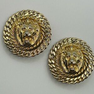 Vintage Anne Klein 3D Lion Head with Rope Edge 1980s Gold Tone Clip On Earrings